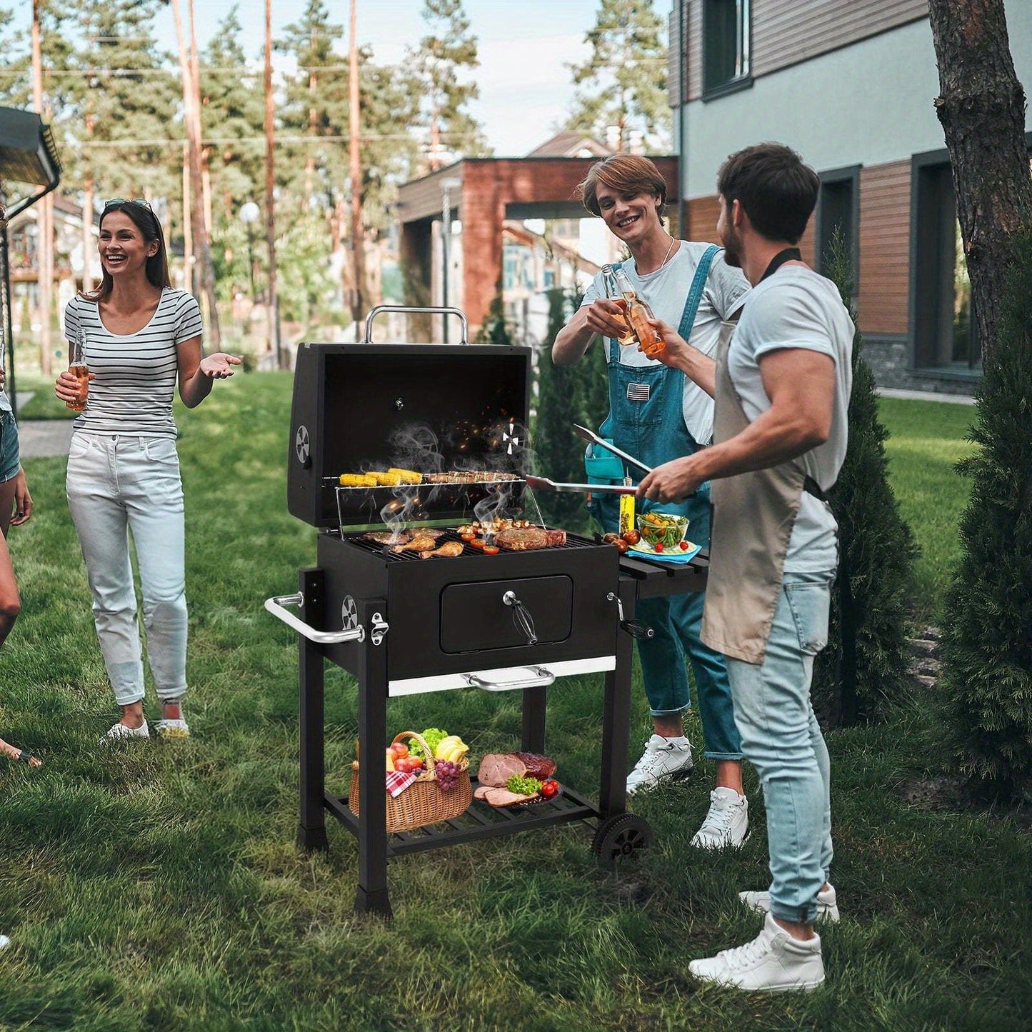 Large Charcoal Grill with Smoker, Height-Adjustable Charcoal Pan, Dual Air Dampers, Built-In Thermometer, Foldable Side Table & Wheels – Heavy-Duty Outdoor BBQ Grill for Patio & Backyard