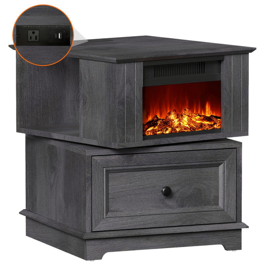 Electric Stove Heater End Table Rotatable Fireplace Side Table 1400W 4800 BTU Indoor Heater with Storage Cabinet Nightstand Overheat Protection