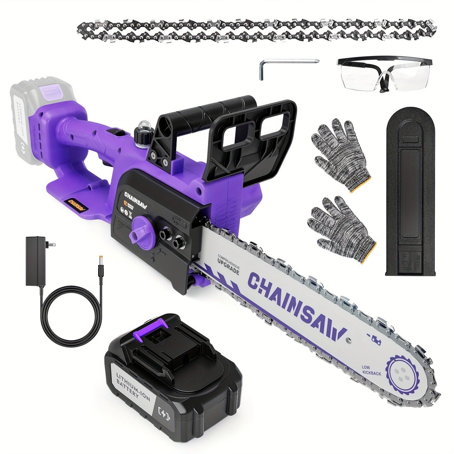 Cordless Chainsaw with Brushless Motor – 6 & 12-Inch Lithium Battery Electric Saw, Auto-Oiling, Safety Lock, Heavy-Duty Wood Cutting & Garden Tool