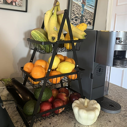 Tiered Fruit Basket with Removable Wooden Handles – 2 or 3 Tier Metal Kitchen Counter Organizer for Produce, Bread & Snacks
