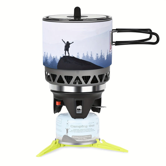 Backpacking Stove Cooking System with Pot Piezo Ignition 1KW Isobutane Burner 1.2L Pot Brackets Included Lightweight Portable for Hiking Camping Fishing Hunting