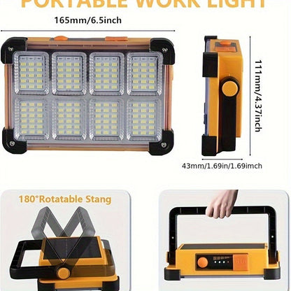 Solar Rechargeable LED Floodlight Flashlight, IP44 Waterproof 4500 Lumens Ultra-Bright Portable Camp Light, USB & Solar Dual Charging 2200mAh, 4 Modes Indoor Outdoor Lighting for Camping, Fishing & Car Maintenance