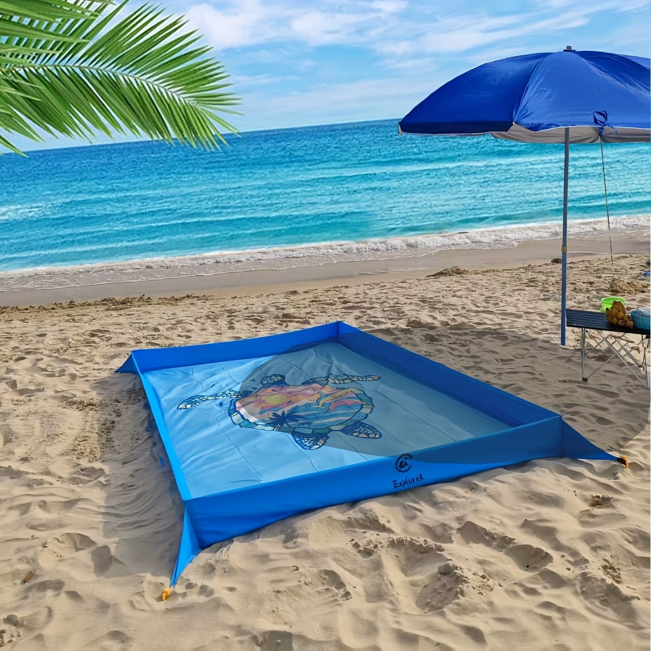 Beach Blanket with Sand Walls Fence Sandproof Waterproof 55x86in with 4 Stakes & Carry Bag for Family Picnic Camping Park Travel – 6 Printed Styles