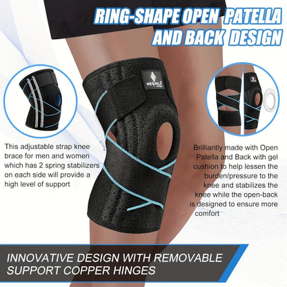Knee Brace with Patella Gel Pad & Side Spring Stabilizers – Adjustable Compression Knee Support Wrap for Sports Running Workouts Camping, Breathable Knee Joint Stabilizer for Women Men, Blue & Black