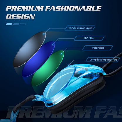Blue and Pink Swimming Goggles with Rounded Lens Frames, Dual Split Head Straps and One Indoor Style Option