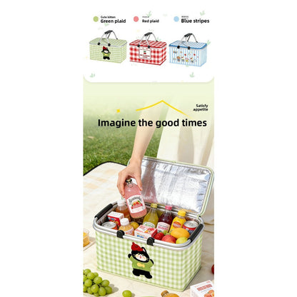 Aluminum-Frame Picnic Basket in Four Exact Fried-Egg, Kitten, Rabbit and Cherry Pattern Options