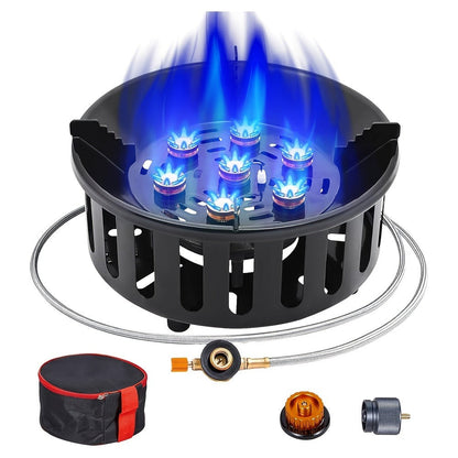 Windproof Camp Stove 21000W Collapsible | Seven Star Camping Gas Stove with Piezo Igniter & Fuel Canister Adapter | Butane Isobutane Propane | For Hiking Backpacking Picnic
