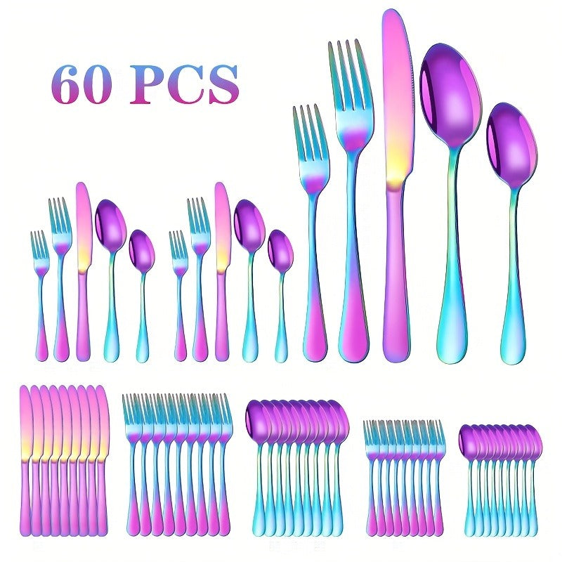 60-Piece Rainbow Flatware Set with Five Utensil Forms in Twelve-Piece Rows for Complete Table Settings