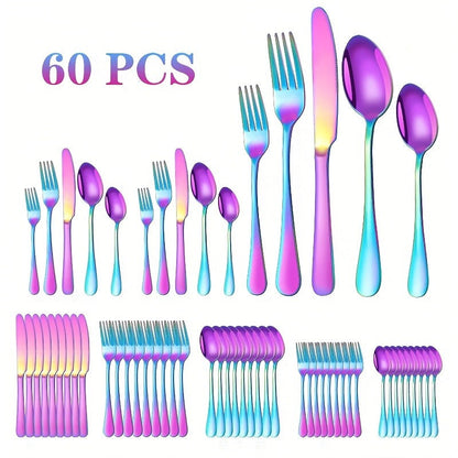 60-Piece Rainbow Flatware Set with Five Utensil Forms in Twelve-Piece Rows for Complete Table Settings