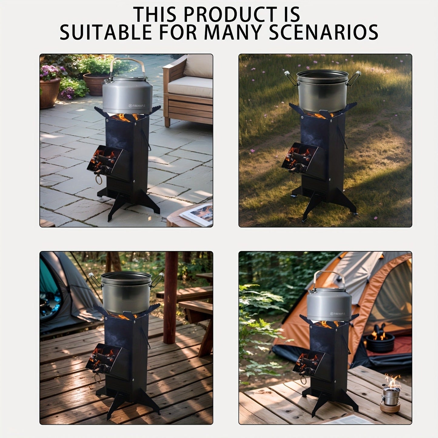 Black Rocket Stove with Detachable Side Feed Door, Four-Leg Base and Wood or Charcoal Fuel Configuration