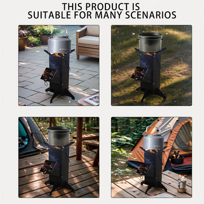 Black Rocket Stove with Detachable Side Feed Door, Four-Leg Base and Wood or Charcoal Fuel Configuration