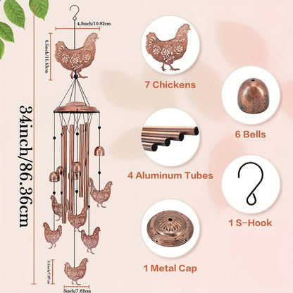 Chicken Wind Chime with Seven Pictured Chicken Shapes, Six Bells and Four Hanging Tubes for Porch or Garden Decor
