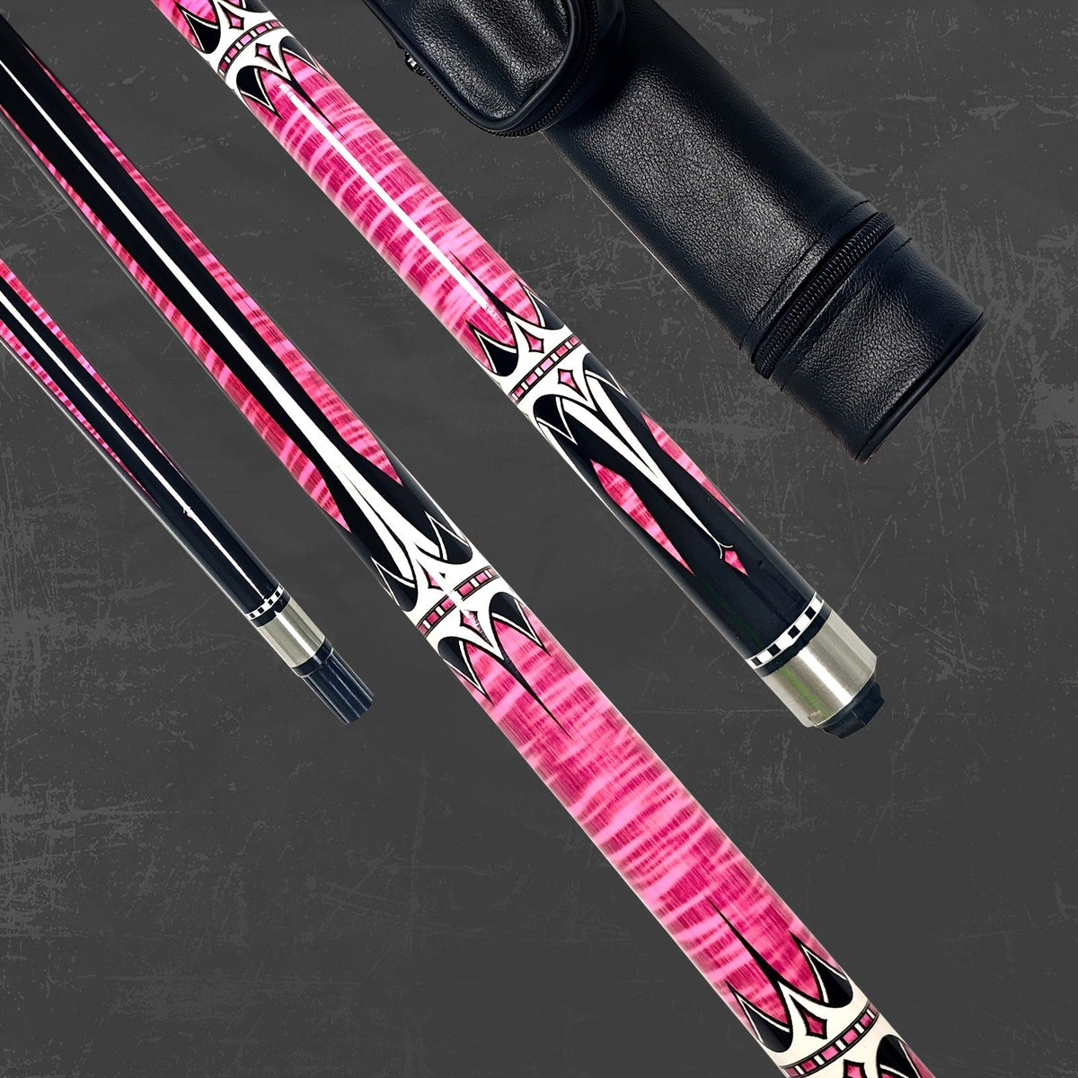 Two-Piece Carbon Fiber Pool Cue with Metal Joint, Wrap Section and Pink or Blue Graphic Designs
