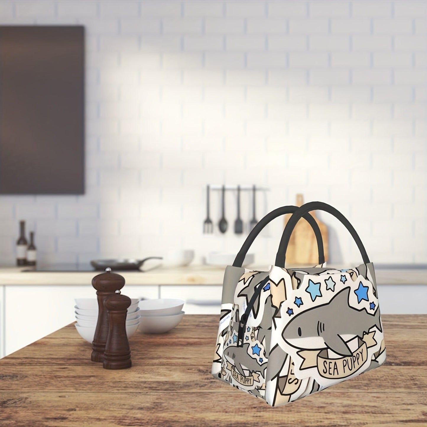 Gray Shark-Pattern Lunch Bag with Twin Handles, Zip Top and Structured Rectangular Carrying Shape