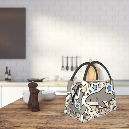 Gray Shark-Pattern Lunch Bag with Twin Handles, Zip Top and Structured Rectangular Carrying Shape