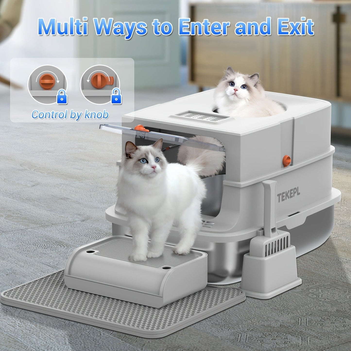 Stainless Steel Cat Litter Box with Lid - Extra Large 68L Enclosed & Semi-Open Modular System, 304 Steel Non-Stick Easy Clean, Charcoal Filter, Litter Mat & Scoop Included, Indoor XL Pet Toilet