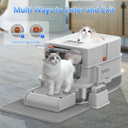 Stainless Steel Cat Litter Box with Lid - Extra Large 68L Enclosed & Semi-Open Modular System, 304 Steel Non-Stick Easy Clean, Charcoal Filter, Litter Mat & Scoop Included, Indoor XL Pet Toilet