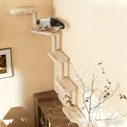 Wall-Mounted Cat Tree 5 Layers Solid Wood Indoor Cat Climbing Frame Jumping Platform Ladder Space-Saving for Small Spaces Multi-Cat Homes Living Room Bedroom Balcony