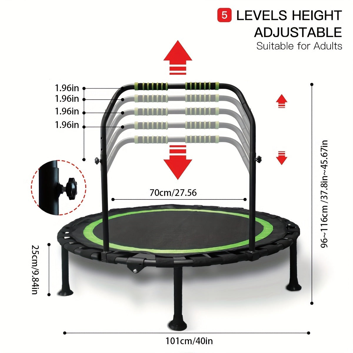 40-Inch Foldable Mini Trampoline with Adjustable Foam Handle, Bungee Straps and Three Colors