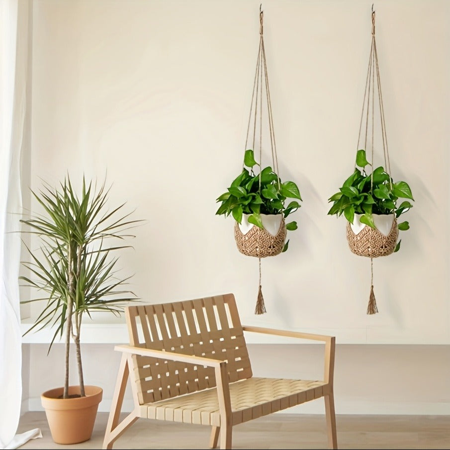 Macrame Plant Hanger with Tassels, Bohemian Cotton Rope Crochet Wall Basket, Indoor Outdoor Hanging Planter with Hooks, Boho Home Decor