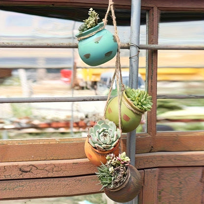 Four-Piece Geometric Hanging Planter Set with Hemp-Rope-Label Suspension and Four Earth-Tone Pot Colors