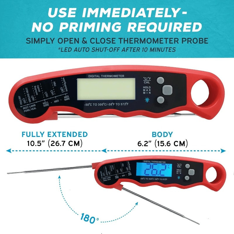 Red and Black Folding Digital Food Thermometer with Backlit Display, Calibration Mode, Unit Switch and Hanging Loop