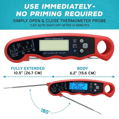 Red and Black Folding Digital Food Thermometer with Backlit Display, Calibration Mode, Unit Switch and Hanging Loop