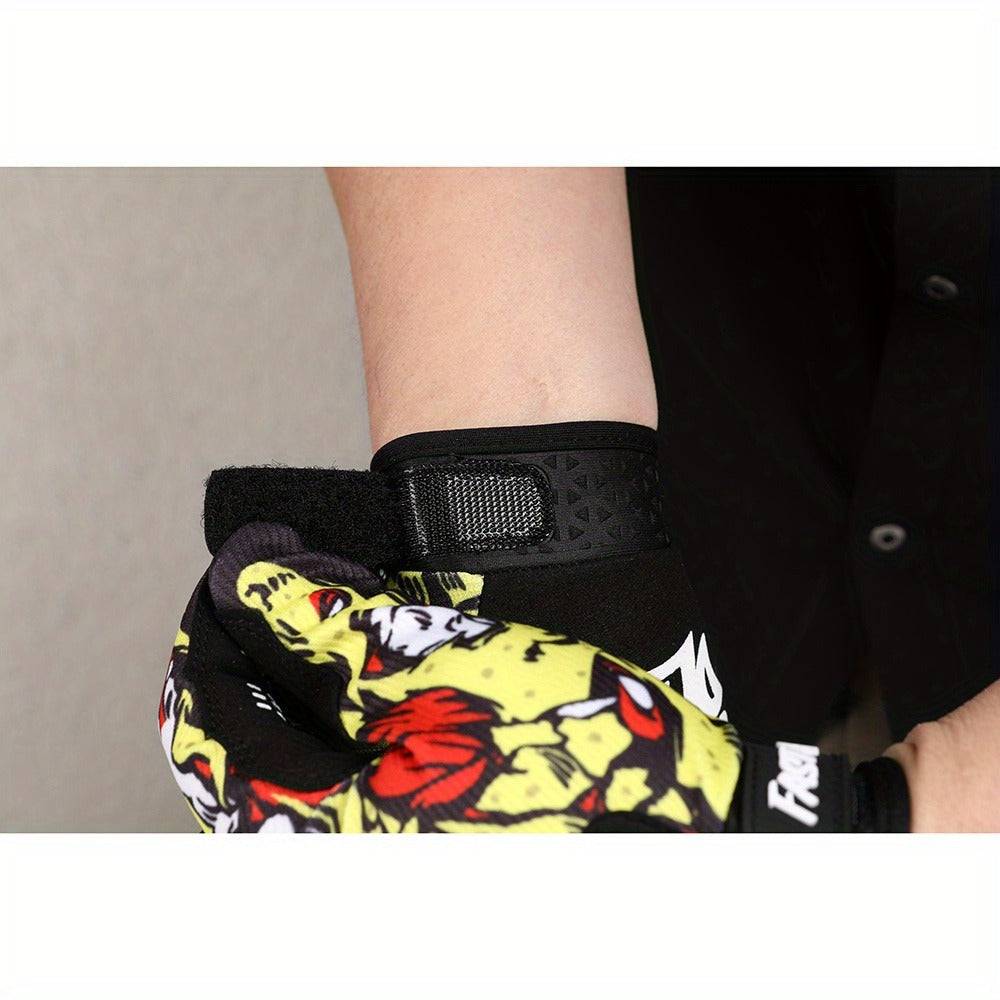 Printed Full-Finger Motocross Gloves with Black Palms, Wrist Closures, Blue or Yellow in M to XL