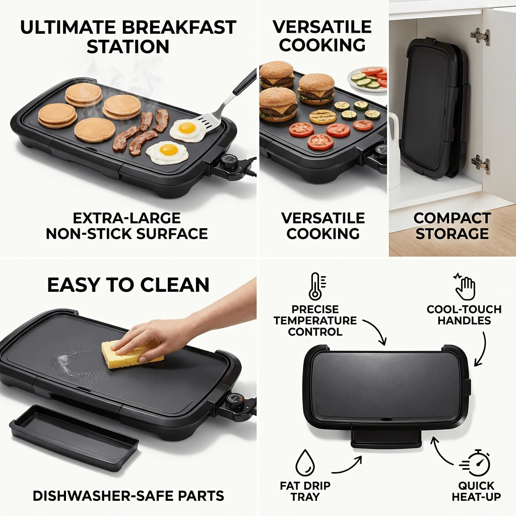 Electric Griddle Non-Stick Teppanyaki Grill Pan, Frying & Grilling All-in-One for Eggs, Steaks, Bacon, Pancakes & Seafood – Easy-Clean Indoor Electric Grill for Breakfast, BBQ & Party