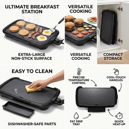 Electric Griddle Non-Stick Teppanyaki Grill Pan, Frying & Grilling All-in-One for Eggs, Steaks, Bacon, Pancakes & Seafood – Easy-Clean Indoor Electric Grill for Breakfast, BBQ & Party