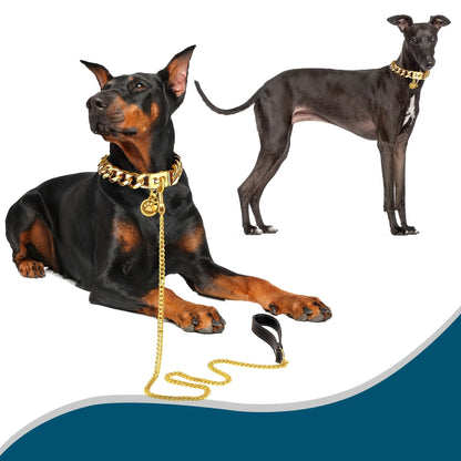 Gold-Color Cuban Link Dog Chain Collar with Paw and Bell Charms in Six Lengths from 16 to 26 Inches