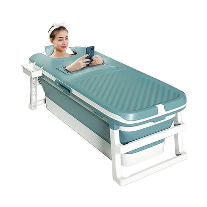 Rectangular Collapsible Adult Soaking Tub in Blue with Rigid Folding Frame, Thermal Cover and Drain Hose
