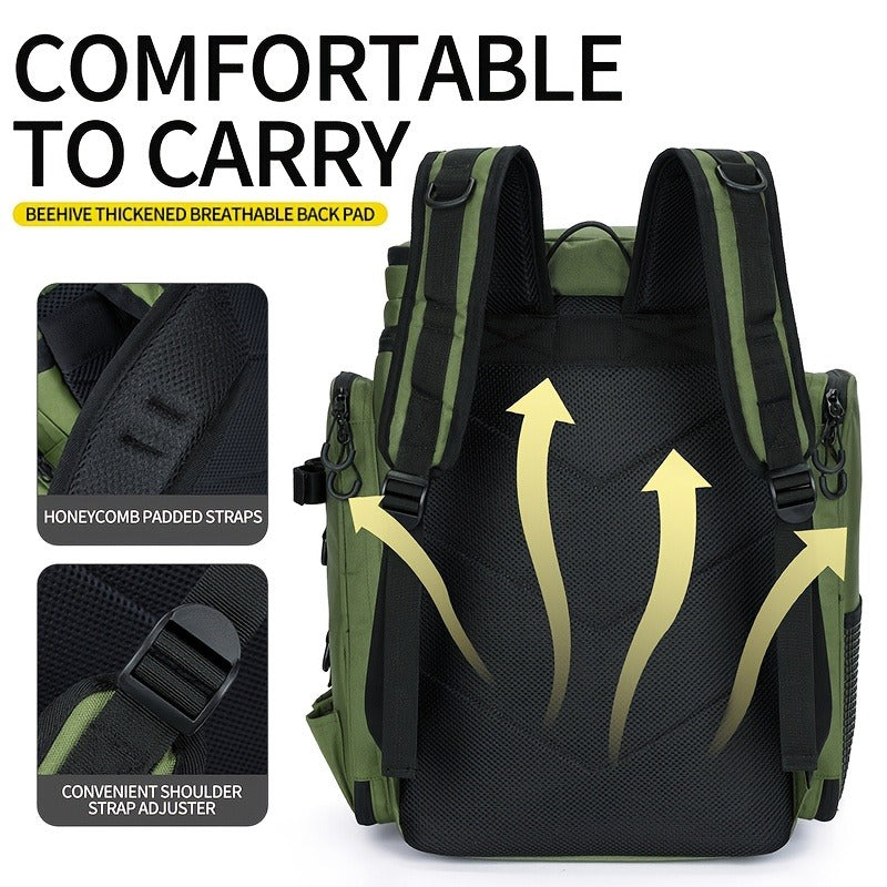 Black Camouflage Fishing Backpack with Twin Shoulder Straps, Front Zip Compartments and Side Rod Loops
