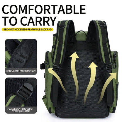 Black Camouflage Fishing Backpack with Twin Shoulder Straps, Front Zip Compartments and Side Rod Loops