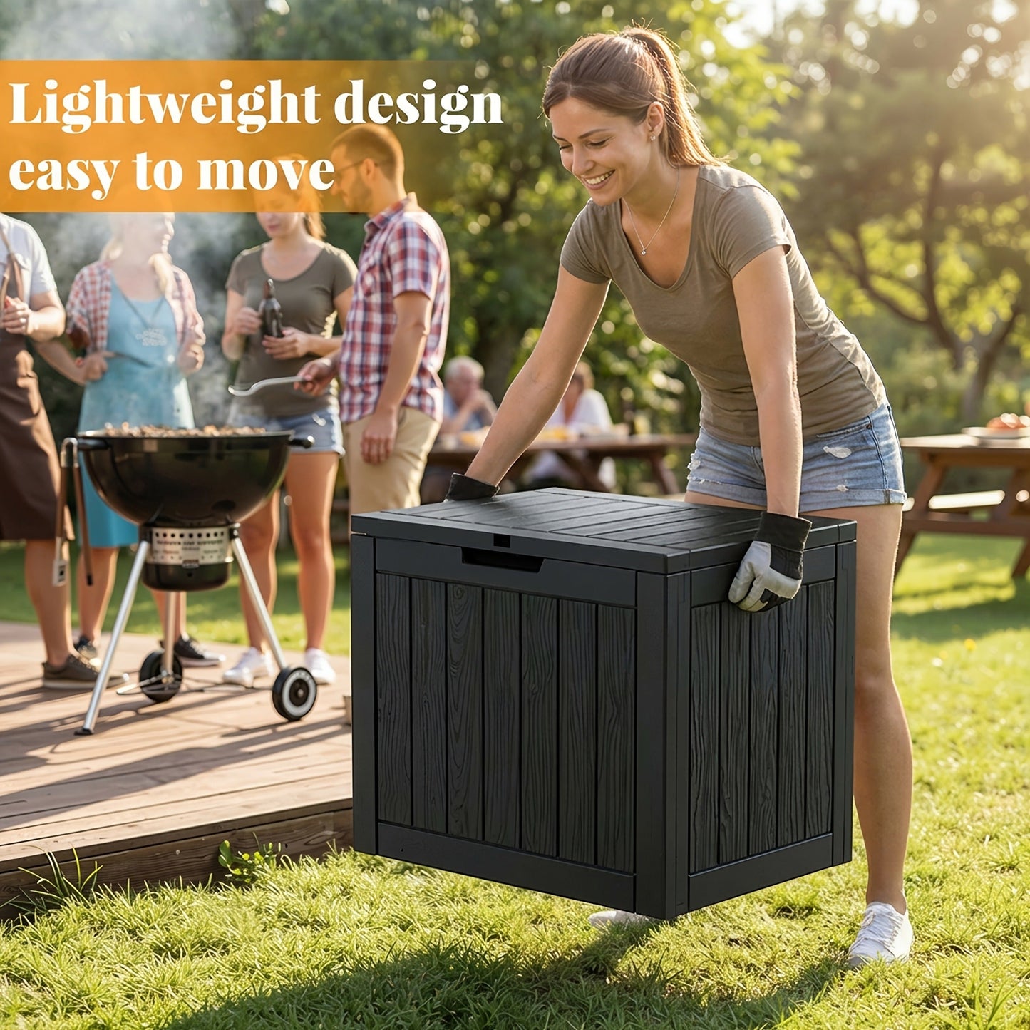 34-Gallon Outdoor Deck Box with Side Handles in 020 Woven or 053 Plank Panel Style, Black or Light Brown