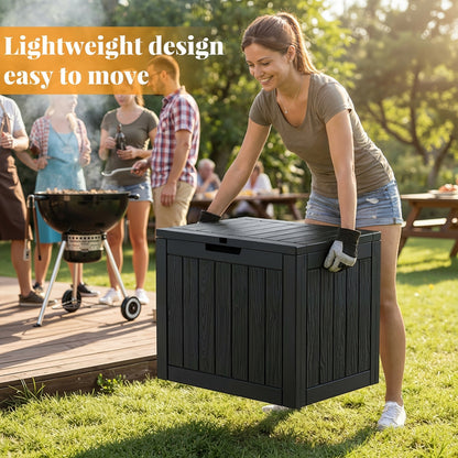 34-Gallon Outdoor Deck Box with Side Handles in 020 Woven or 053 Plank Panel Style, Black or Light Brown
