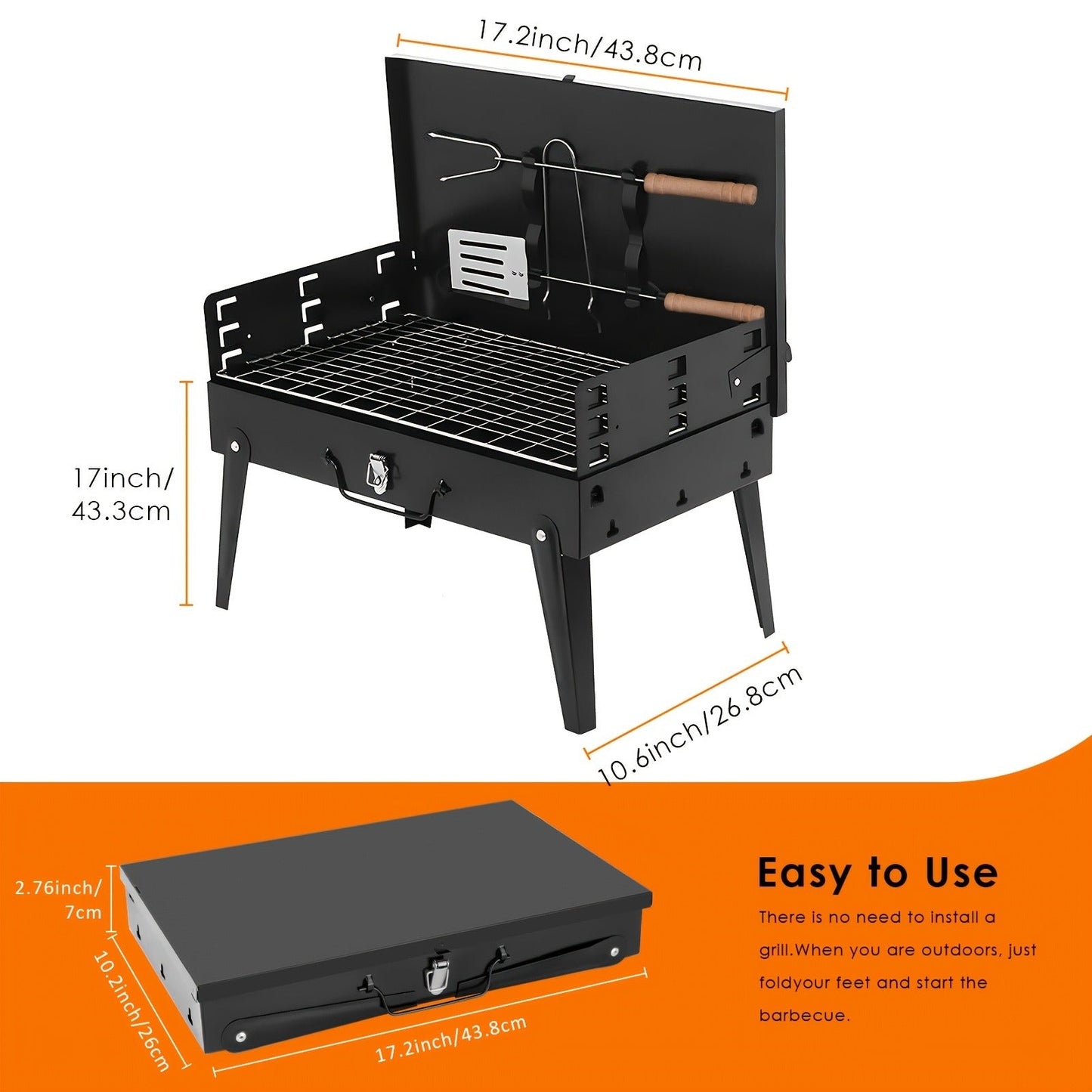 Portable Folding Charcoal Grill with Hood, Raised Grate, Side Vents and Compact Black Steel Body