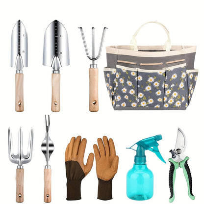 Gardening Kit 9-Piece with Gloves & Carry Bag | Heavy Duty Rust-Resistant Garden Tool Set Trowel Weeder Pruner Rake | Planting Gift for Women Men Beginners