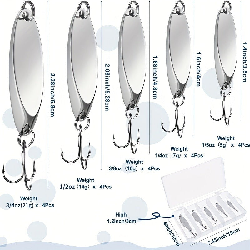 Fishing Lure Set 20-Piece Holographic Metal Casting Spoons in Five Weights with Gold, Silver or Rainbow Finish and Treble Hooks