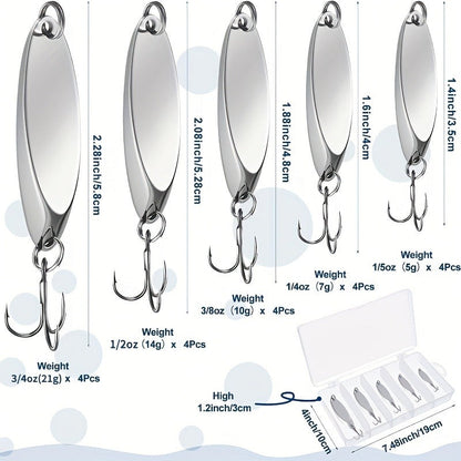 Fishing Lure Set 20-Piece Holographic Metal Casting Spoons in Five Weights with Gold, Silver or Rainbow Finish and Treble Hooks