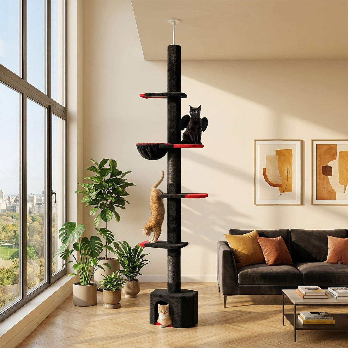 90-107.9-Inch Floor-to-Ceiling Cat Tree with Four Platforms, Tension Post and Five Style Options