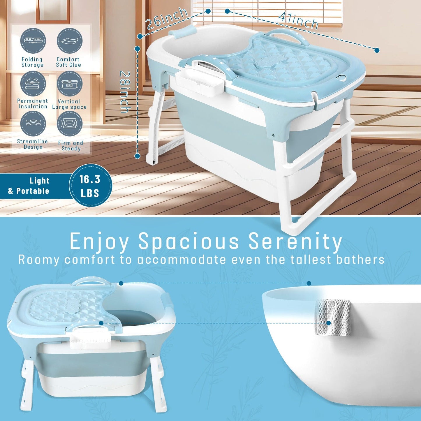 Portable Bathtub for Adults with Insulation Cover & Drainage Pipe – Foldable Hot Tub for Indoor Outdoor Sauna