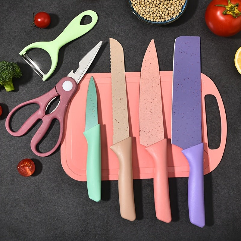 Kitchen Knife Set 7 Piece Stainless Steel Ergonomic Wheat Straw Handle with Cutting Board – Portable Camping Travel Chef Knives for Home Restaurant Outdoor Cooking Gift