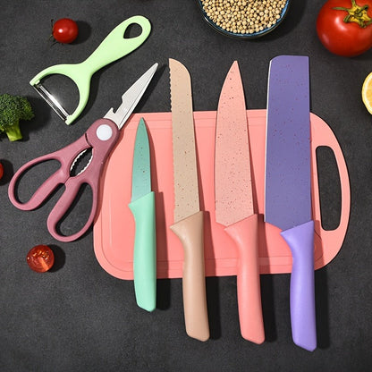 Kitchen Knife Set 7 Piece Stainless Steel Ergonomic Wheat Straw Handle with Cutting Board – Portable Camping Travel Chef Knives for Home Restaurant Outdoor Cooking Gift