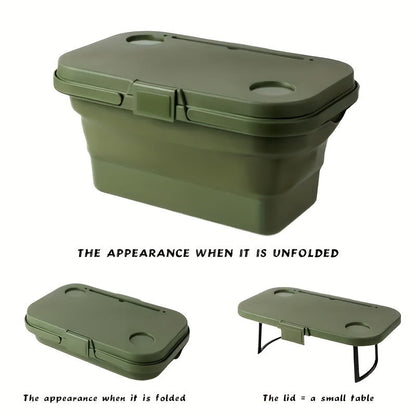 Picnic Basket Foldable with Detachable Table – Large Capacity Portable Camping Storage Basket with Handle, Multifunctional Outdoor Organizer Box for Hiking, Beach & Backyard, Green & Khaki