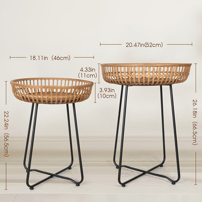 Rattan Side Table Nesting Tables Set of 2 Round Boho End Table Natural Bamboo Woven Coffee Table Metal Base for Living Room Bedroom Sofa Terrace