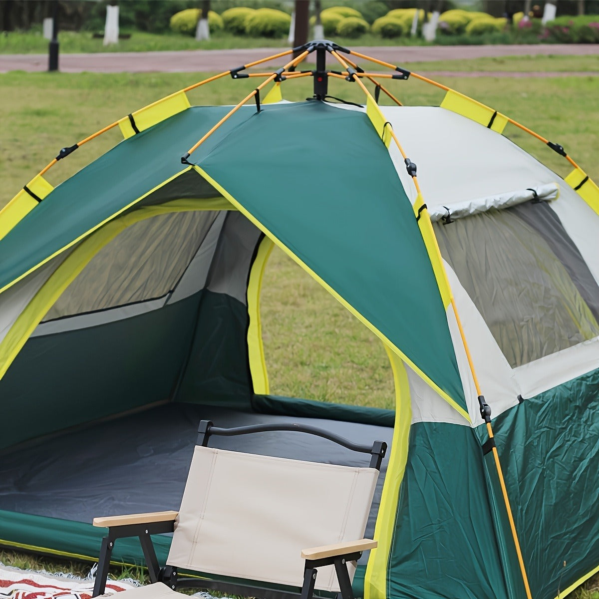 Camping Tent 4-Person Pop-Up Sunshade with Insect-Mesh Panels, Two-Door Option and M or L Sizes