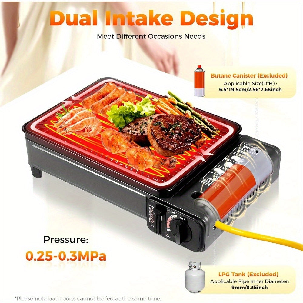 Black Dual-Fuel Tabletop Camping Grill Stove with Butane and LPG Inlets, 41.5 x 28 cm Body and Carrying Case