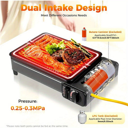 Black Dual-Fuel Tabletop Camping Grill Stove with Butane and LPG Inlets, 41.5 x 28 cm Body and Carrying Case