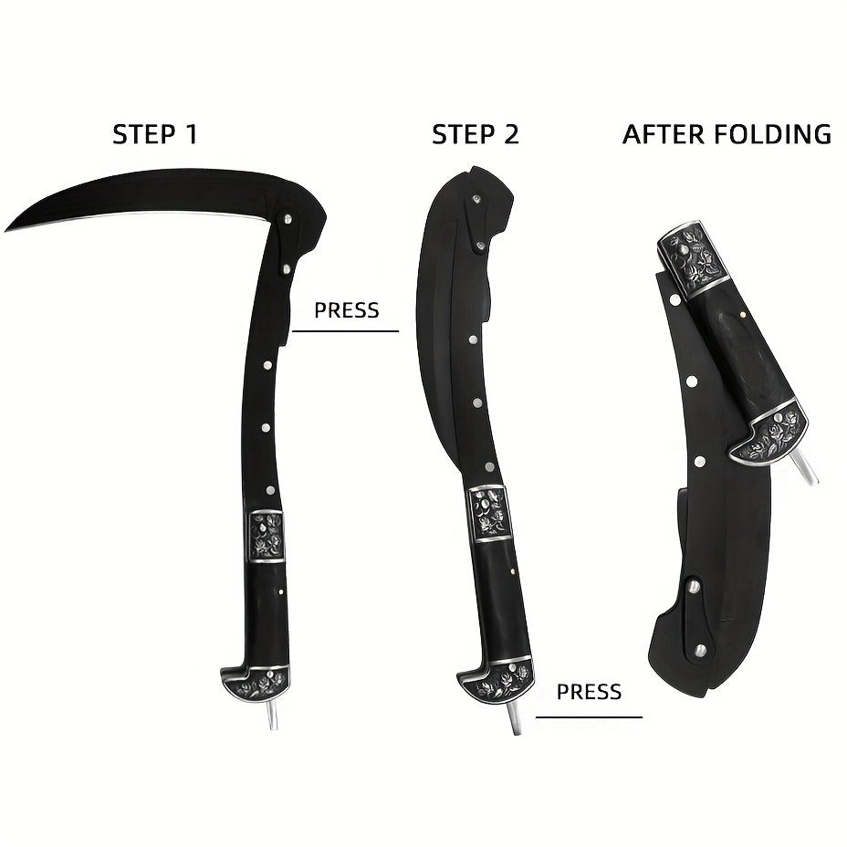 Folding Sickle Stainless Steel Flat Edge Blade with Black Wood Handle & Double Bolsters for Garden, Patio and Yard Use